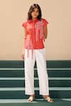 Buy_Savaaya_Orange Poplin Embroidery Collared Dandelion Print Shirt And Pant Set _at_Aza_Fashions