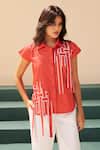 Shop_Savaaya_Orange Poplin Embroidery Collared Dandelion Print Shirt And Pant Set _at_Aza_Fashions