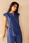 Shop_Savaaya_Blue Denim Fabric Flowers, Tassels Split V-neck Twilight Pant Set _Online_at_Aza_Fashions