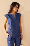 Savaaya_Blue Denim Fabric Flowers, Tassels Split V-neck Twilight Pant Set _at_Aza_Fashions