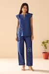 Buy_Savaaya_Blue Denim Fabric Flowers, Tassels Split V-neck Twilight Pant Set _at_Aza_Fashions