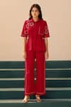 Buy_Savaaya_Red Poplin Embroidery Collared Primrose Pant Set _Online_at_Aza_Fashions