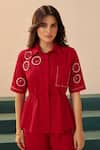 Shop_Savaaya_Red Poplin Embroidery Collared Primrose Pant Set _Online_at_Aza_Fashions