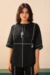 Savaaya_Black Cotton, Poplin Embroidery Round Neck Zephyr Pant Set _at_Aza_Fashions