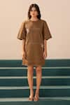 Buy_Savaaya_Brown Poplin Round Neck Designer Dress _Online_at_Aza_Fashions