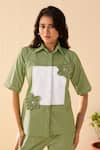 Savaaya_Green Poplin Fabric Flowers Collared Lush Pant Set _at_Aza_Fashions