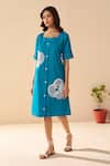 Shop_Savaaya_Teal Poplin Embroidery Square Neck Blue Aurora Midi Dress _at_Aza_Fashions