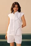 Shop_Savaaya_White Linen Embroidery Mandarin Collar Designer Shirt And Shorts Set _at_Aza_Fashions