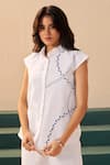 Savaaya_White Linen Embroidery Mandarin Collar Designer Shirt And Shorts Set _Online_at_Aza_Fashions