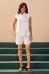 Buy_Savaaya_White Linen Embroidery Mandarin Collar Designer Shirt And Shorts Set _at_Aza_Fashions