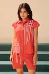 Savaaya_Orange Poplin Collared Petal Shirt And Shorts Set _Online_at_Aza_Fashions