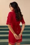 Shop_Savaaya_Red Poplin Embroidery Collared Rose Shirt And Shorts Set _at_Aza_Fashions