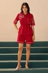 Buy_Savaaya_Red Poplin Embroidery Collared Rose Shirt And Shorts Set _at_Aza_Fashions