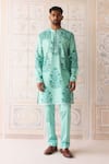 Buy_Shyam Narayan Prasad_Blue Chanderi, Cotton Satin Embroidery Plume Nehru Jacket Set _Online_at_Aza_Fashions
