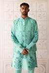 Buy_Shyam Narayan Prasad_Blue Chanderi, Cotton Satin Embroidery Plume Nehru Jacket Set 