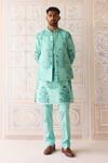 Buy_Shyam Narayan Prasad_Blue Chanderi, Cotton Satin Embroidery Plume Nehru Jacket Set _at_Aza_Fashions