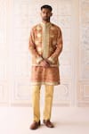 Buy_Shyam Narayan Prasad_Gold Chanderi, Cotton Satin, Silk Embroidery Designer Nehru Jacket Set _at_Aza_Fashions