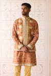 Shop_Shyam Narayan Prasad_Gold Chanderi, Cotton Satin, Silk Embroidery Designer Nehru Jacket Set 