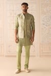 Shyam Narayan Prasad_Green Silk, Brocade, Cotton Striped Nehru Jacket Set _Online_at_Aza_Fashions