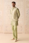 Buy_Shyam Narayan Prasad_Green Silk, Brocade, Cotton Striped Nehru Jacket Set _Online_at_Aza_Fashions