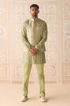 Buy_Shyam Narayan Prasad_Green Silk, Brocade, Cotton Striped Nehru Jacket Set _at_Aza_Fashions