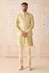 Buy_Shyam Narayan Prasad_Ivory Chanderi, Cotton Satin, Silk Embroidery Jade Green Nehru Jacket Set _at_Aza_Fashions