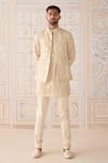 Buy_Shyam Narayan Prasad_Off White Cotton Satin, Cotton, Silk Embroidery Antique Nehru Jacket Set _at_Aza_Fashions