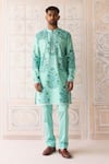 Buy_Shyam Narayan Prasad_Blue Chanderi, Cotton Satin Embroidery Plume Printed Kurta Set _at_Aza_Fashions