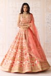 Buy_Shyam Narayan Prasad_Coral Silk Beads, Zari Square Neck Orange Embroidered Lehenga Set _at_Aza_Fashions