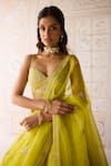Buy_Shyam Narayan Prasad_Green Silk, Organza Embroidery, Applique V-neck Spring Lehenga Set _Online_at_Aza_Fashions