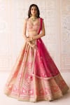 Buy_Shyam Narayan Prasad_Coral Silk, Organza Embroidery, Beads, Zari Orange Pink Bridal Lehenga Set _at_Aza_Fashions
