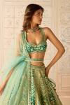 Shyam Narayan Prasad_Teal Silk, Organza Tassels, Embroidery, Zari Round Neck Mist Green Lehenga Set _Online