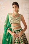 Shyam Narayan Prasad_Green Silk, Chiffon Embroidery, Zari Round Neck Dark Lehenga Set _at_Aza_Fashions