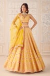 Buy_Shyam Narayan Prasad_Mustard Silk, Net Gota Patti, Embroidery V-neck Yellow Lehenga Set _at_Aza_Fashions