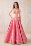Buy_Shyam Narayan Prasad_Coral Silk, Organza Zari, Tassels Sweetheart Neck Pink Embroidered Lehenga Set 
