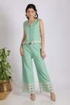 Buy_Grass & Sunshine_Green Cotton, Linen Embroidery V-neck Sea Dream Waistcoat And Pant Set _at_Aza_Fashions