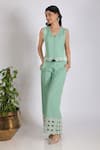 Buy_Grass & Sunshine_Green Cotton, Linen Embroidery V-neck Sea Dream Waistcoat And Pant Set _Online_at_Aza_Fashions