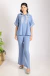 Buy_Grass & Sunshine_Blue Cotton, Linen Embroidery Collared Blossom Co-ord Set _at_Aza_Fashions