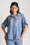 Grass & Sunshine_Blue Cotton, Linen Embroidery Collared Blossom Co-ord Set _at_Aza_Fashions