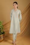 Buy_Grass & Sunshine_Green Chanderi Embroidery V-neck Pastel Petal Kurta And Pant Set _at_Aza_Fashions