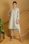 Buy_Grass & Sunshine_Green Chanderi Embroidery V-neck Pastel Petal Kurta And Pant Set _Online_at_Aza_Fashions
