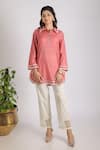 Buy_Grass & Sunshine_Coral Cotton Embroidery Mandarin Collar Modern Kurta Set _at_Aza_Fashions