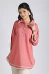 Grass & Sunshine_Coral Cotton Embroidery Mandarin Collar Modern Kurta Set _at_Aza_Fashions