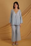 Shop_Grass & Sunshine_Blue Chanderi V-neck Azure Embellished Kurta Set _Online_at_Aza_Fashions