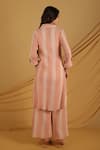 Shop_Grass & Sunshine_Peach Cotton, Crepe Lace Collared Stripe Sunrise Kurta And Pant Set _at_Aza_Fashions