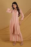 Buy_Grass & Sunshine_Peach Cotton, Crepe Lace Collared Stripe Sunrise Kurta And Pant Set _at_Aza_Fashions