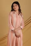 Shop_Grass & Sunshine_Peach Cotton, Crepe Lace Collared Stripe Sunrise Kurta And Pant Set _Online_at_Aza_Fashions