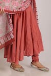 Grass & Sunshine_Coral Cotton Embroidery Round Neck Flora Bloom Anarkali Set _Online_at_Aza_Fashions
