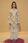Buy_Rachit Khanna_Beige Chanderi Cotton Lace, Embroidery V-neck Gold Straight Kurta And Pant Set _Online_at_Aza_Fashions