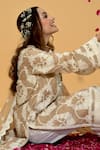 Shop_Rachit Khanna_Beige Chanderi Cotton Lace, Embroidery V-neck Gold Straight Kurta And Pant Set _Online_at_Aza_Fashions
